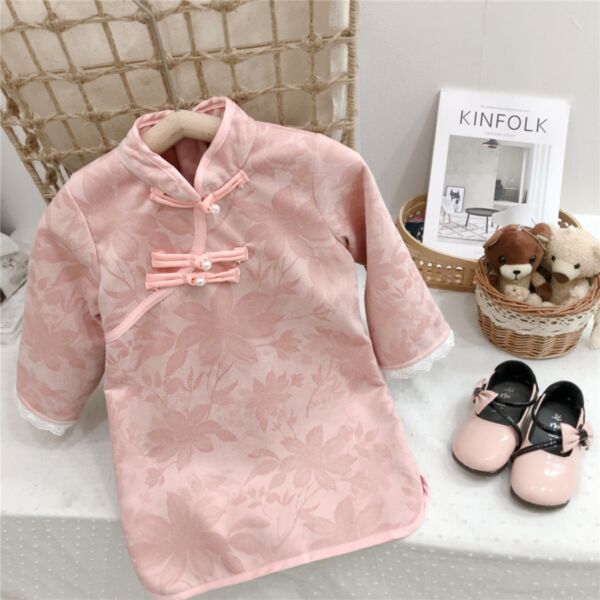 18M-7Y Cheongsam Chinese Style Long Sleeve Pink Dress Wholesale Kids Boutique Clothing