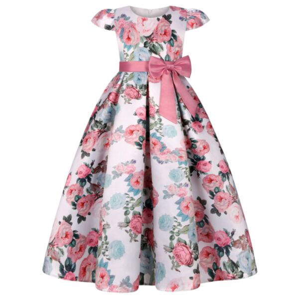 4-14Y Flower Short Sleeve Bowknot Dress Wholesale Kids Boutique Clothing