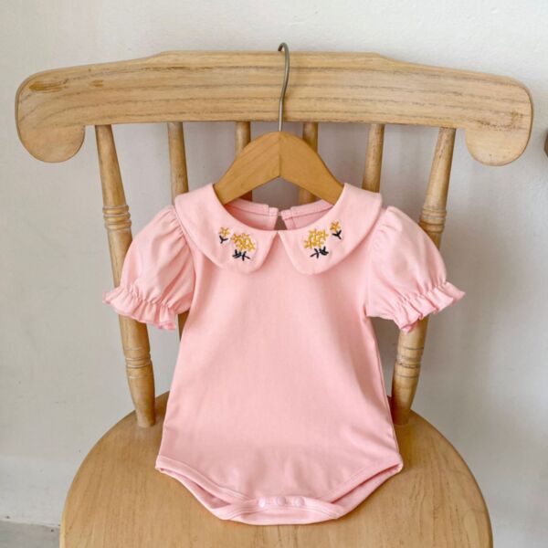 0-12M Baby Girl Bubble Sleeve Floral Embroidered Lapel Bodysuit Wholesale Baby Clothes In Bulk V5923031600204