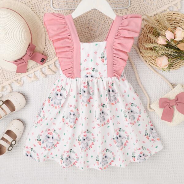 3-7Y Toddler Girls Easter Bunny Print Paneled Fly-Sleeve Dress Wholesale Girls Clothes V3823031100028