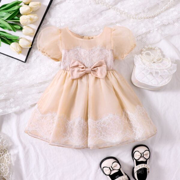 6M-3Y Mesh Bubble Sleeve Bowknot Lace Dress Baby Wholesale Clothing