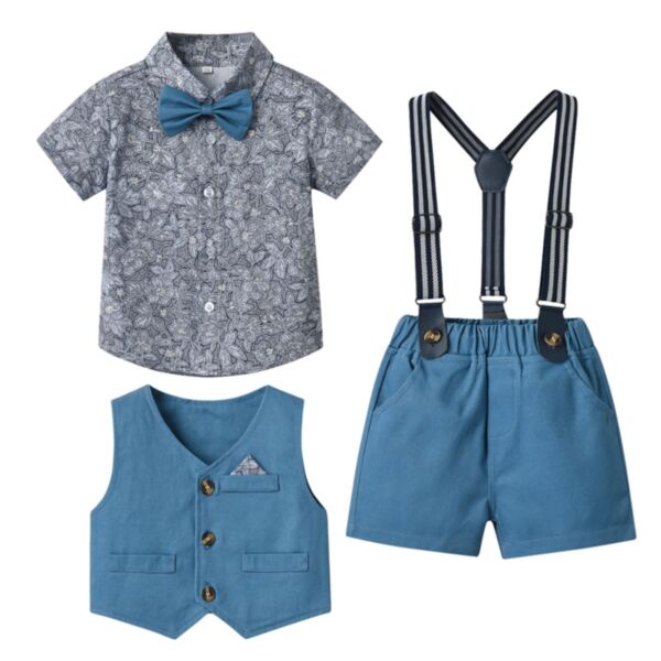 6M-7Y Short Sleeve Floral Print Bowknot Shirt And Waistcoat And Suspender Shorts Set Wholesale Kids Boutique Clothing