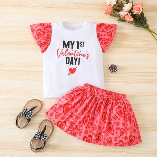 18M-6Y Valetine'S Day Colorblock Love Heart Letter Print Tops And Skirt Set Wholesale Kids Boutique Clothing