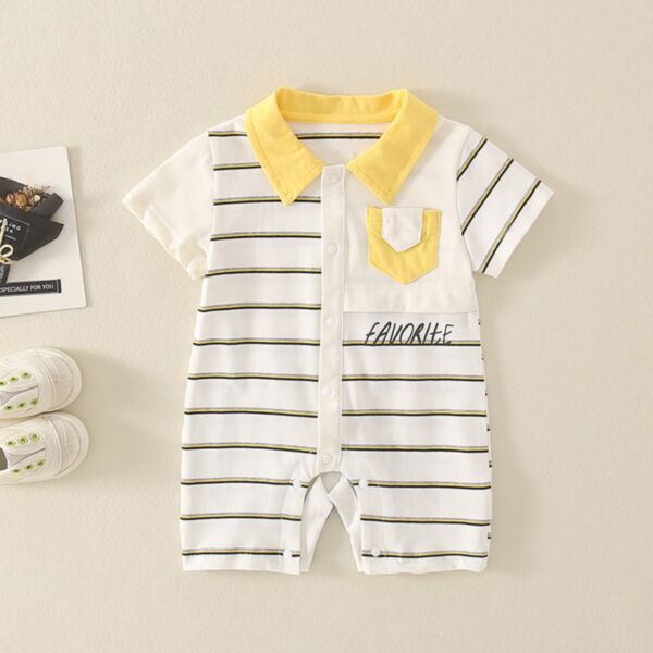 0-18M Colorblock Collar Striped Short Sleeve Jumpsuit Baby Wholesale Clothing
