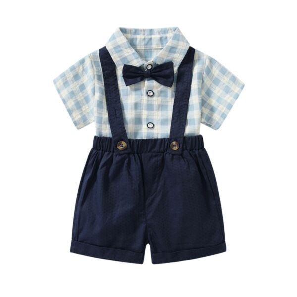 9M-4Y Toddler Boy Suit Sets Short-Sleeved Plaid Single-Breasted Bow Tie Top And Suspender Shorts Wholesale Clothing For Boys V5923033000025