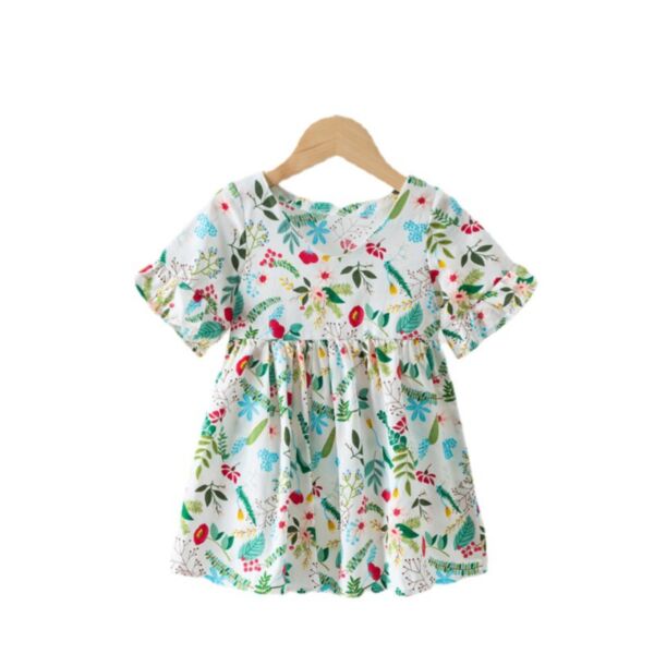 18M-4Y Short Sleeve Losse Flower Floral Pleated Dress Wholesale Kids Boutique Clothing
