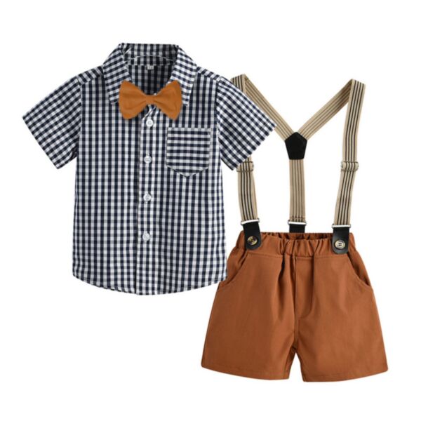 6M-3Y Plaid Bowknot Short Sleeve Shirt And Suspender Shorts Set Baby Wholesale Clothing