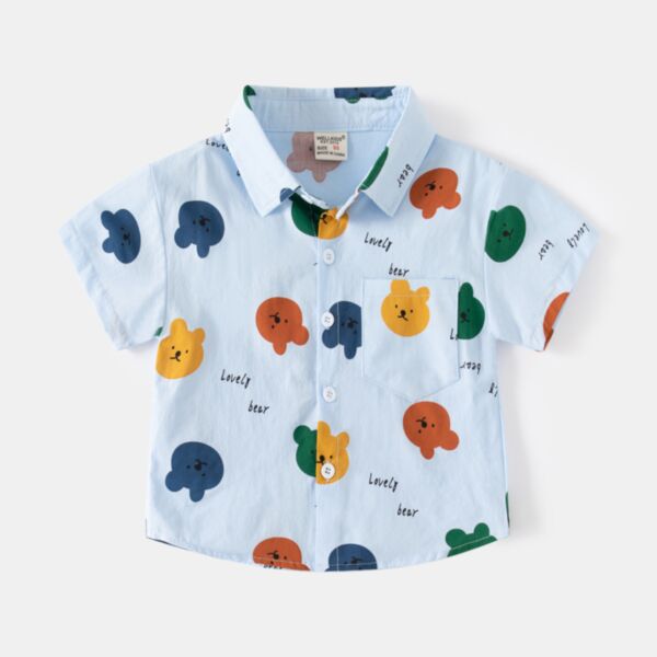 18M-6Y Toddler Boy Short-Sleeved Cartoon Bear Print Single-Breasted Lapel Top Wholesale Toddler Boy Clothes V592302240009518