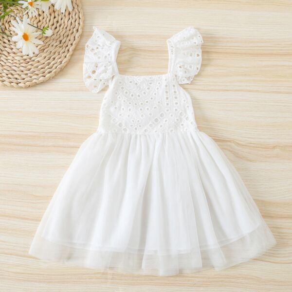 9M-4Y White Flying Sleeve Mesh Dress Wholesale Kids Boutique Clothing