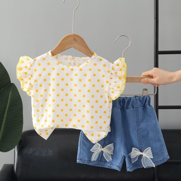 9M-4Y Toddler Girl Sets Fly Sleeve Polka Dot Print Top And Mesh Bow Denim Shorts Wholesale Girls Clothes V5923022200201