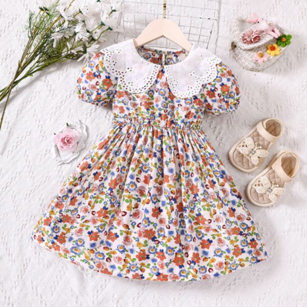 18M-6Y Lace Wide Collar Bubble Short Sleeve Floral Dress Wholesale Kids Boutique Clothing