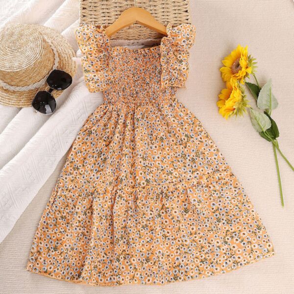 3-12Y Lotus Sleeve Daisy Pleated Dress Wholesale Kids Boutique Clothing
