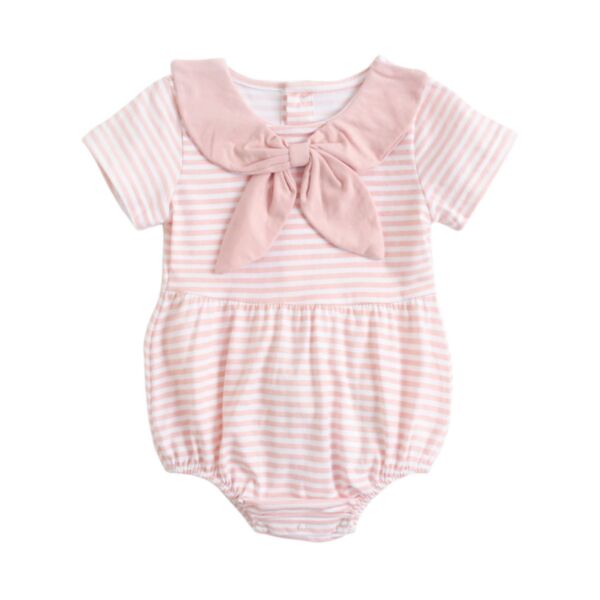 3M-3Y Bowknot Collar Striped Short Sleeve Romper Wholesale Kids Boutique Clothing