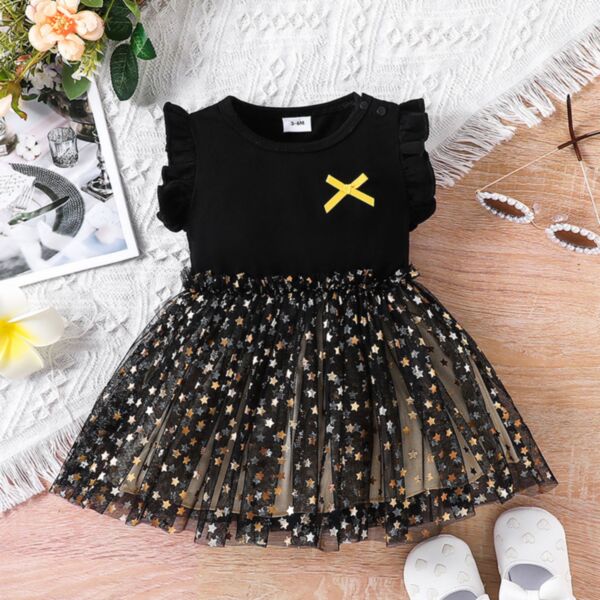 3-24M Baby Girl Cute Star Sequin Patchwork Mesh Flying Sleeve Dress Wholesale Baby Clothing V5923031600037