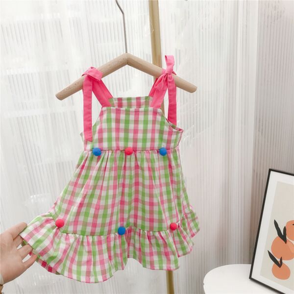 9M-6Y Toddler Girls Pom Pom Trim Plaid Sling Dress Wholesale Girls Fashion Clothes V3823040300030