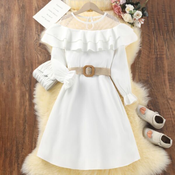 7-12Y White Lotus Long Sleeve Mesh Long Dress Wholesale Kids Boutique Clothing