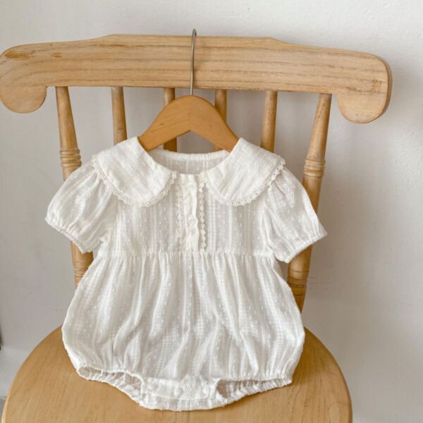 0-18M White Floral Short Sleeve Collar Bubble Style Romper Baby Wholesale Clothing