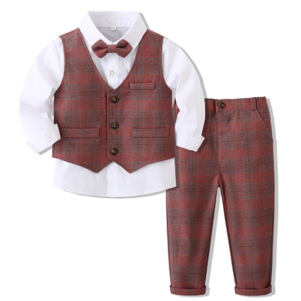 9M-5Y Toddler Boy Suit Sets Long Sleeves Solid Color Bow Tie Top And Plaid Single-Breasted Vest And Pants Wholesale Boy Boutique Clothes V592302230000118