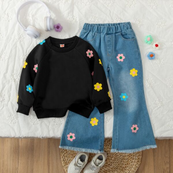 2-7Y Toddler Girls Printed Crew Neck Sweatshirt Washed Denim Flared Pants Pant Set Wholesale Girls Clothes V3824112600004
