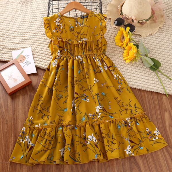 4-12Y Kids Girls Floral Ruffle Trim Sleeveless Dress Wholesale Clothing Kidswear V3823031500221