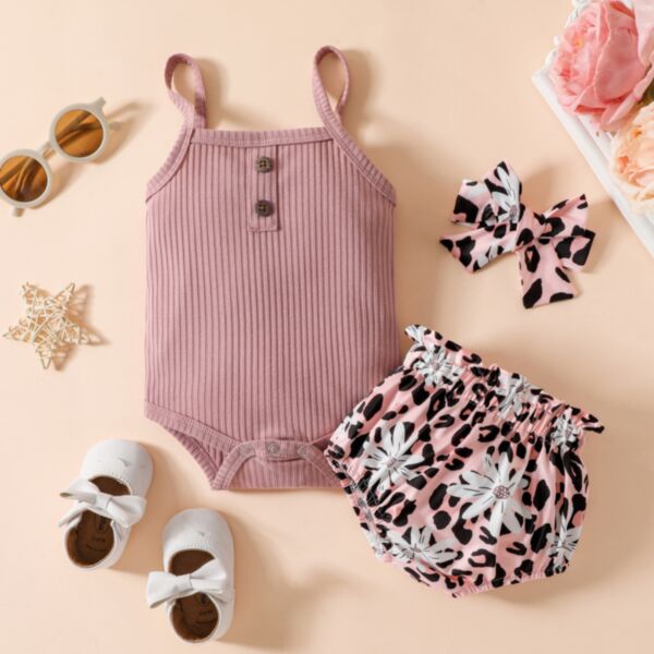 3-18M Knitwear Striped Suspender Button Romper And Floral Briefs Set Baby Wholesale Clothing