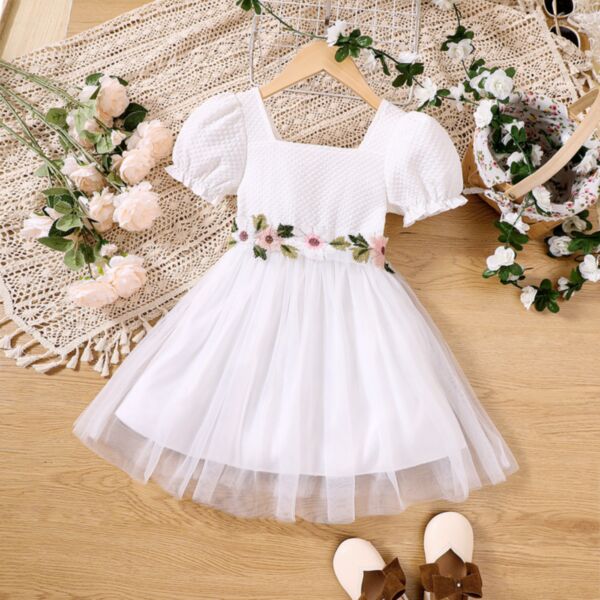 18M-6Y Flower Belt Bubble Sleeve White Mesh Dress Wholesale Kids Boutique Clothing