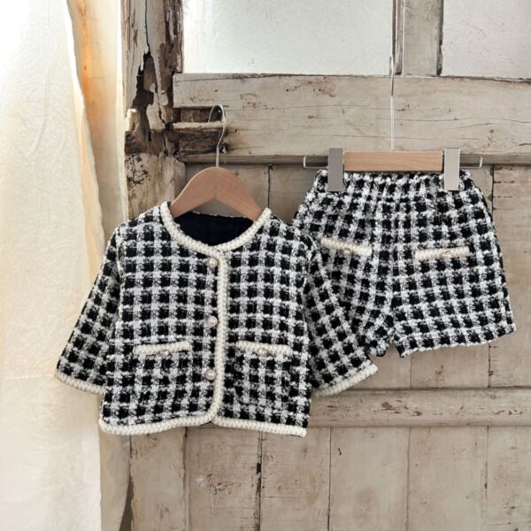 6-24M Plaid Long Sleeve Pearl Button Coat And Shorts Set Baby Wholesale Clothing