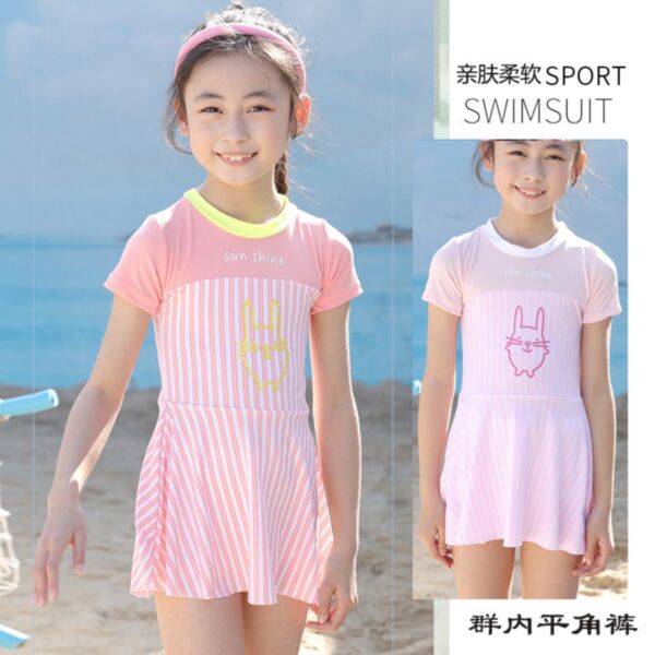 3-6Y Animal Print Colorblock Striped Short Sleeve Swimwear Dress Wholesale Kids Boutique Clothing