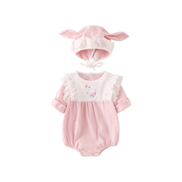 3-18M Baby Girls Lace Embroidery Floral Bodysuit With Hats Wholesale Baby Clothing V3824080200011
