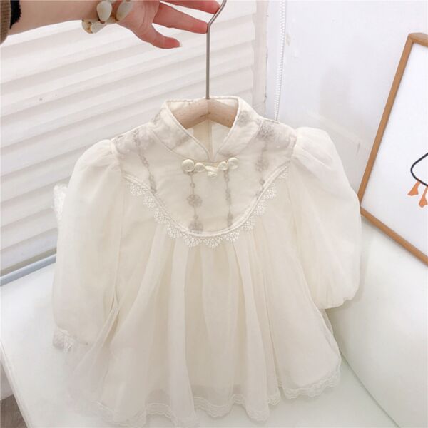 18M-6Y White Mesh Lace Cheongsam Style Long Sleeve Dress Wholesale Kids Boutique Clothing