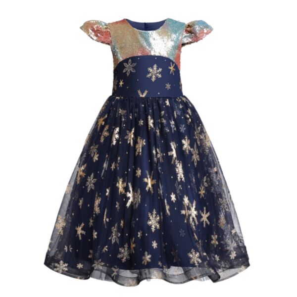 2-7Y Toddler Girl Stamping Snowflake Print Pleated Mesh Patchwork Fly Sleeve Dress Wholesale Girls Clothes V59230221000444
