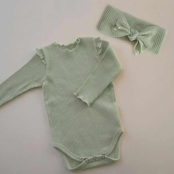 3-18M Baby Girls And Boys Solid Color Ribbed Long Sleeve Bodysuit & Headband Wholesale Baby Clothing V3823022800008