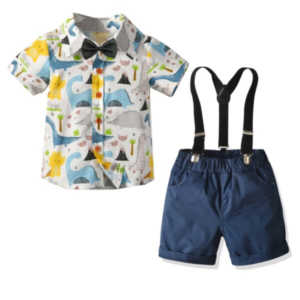 9M-6Y Toddler Boy Suit Sets Cartoon Dinosaur Full Print Short-Sleeved Single-Breasted Bow Tie Top And Suspender Shorts Wholesale Clothing For Boys V5923031600228
