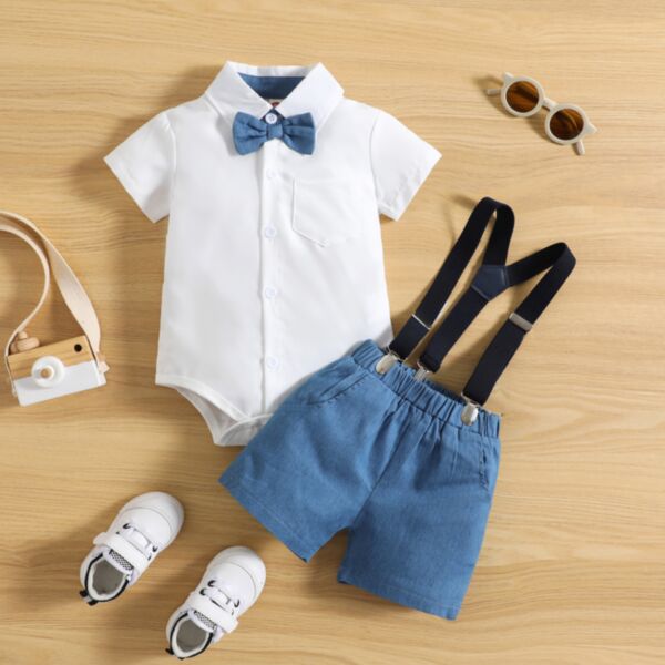 3-24M Baby Boy Suit Sets Lapel Bow Tie Short-Sleeved Bodysuit And Suspender Shorts Bulk Baby Clothes Wholesale V5923032000050