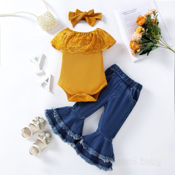 3-18M Baby Girls Lace Collar Ribbed Bodysuit And Flared Jeans & Headband 3pcs Wholesale Baby Clothes V3823032300010