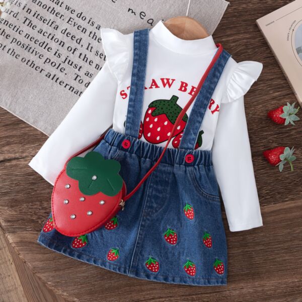 6M-3Y Baby Girls Fly Sleeve Printed Tops And Embroidered Denim Skirt With Bag 3 Piece Set Wholesale Baby Clothes V3824112600005