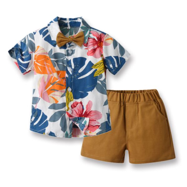 9M-6Y Toddler Boys Sets Tropical Print Bowtie Short Sleeve Shirt Shorts Wholesale Boys Clothing V3823021500003