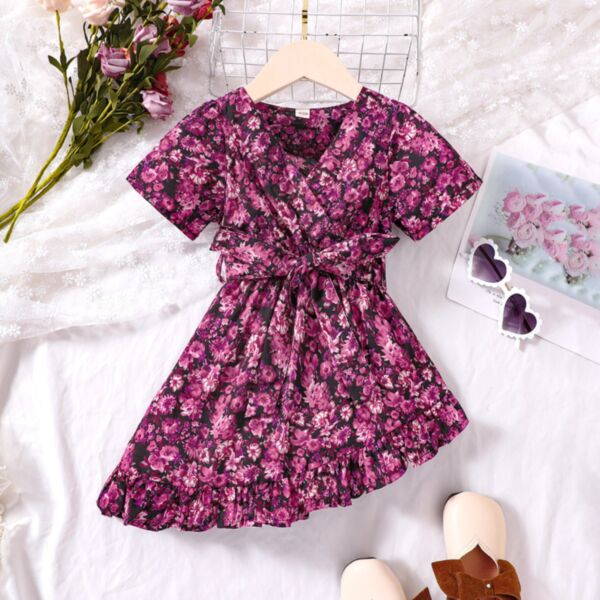 18M-6Y Floral Short Sleeve Flower Irregular Skirt Dress Wholesale Kids Boutique Clothing
