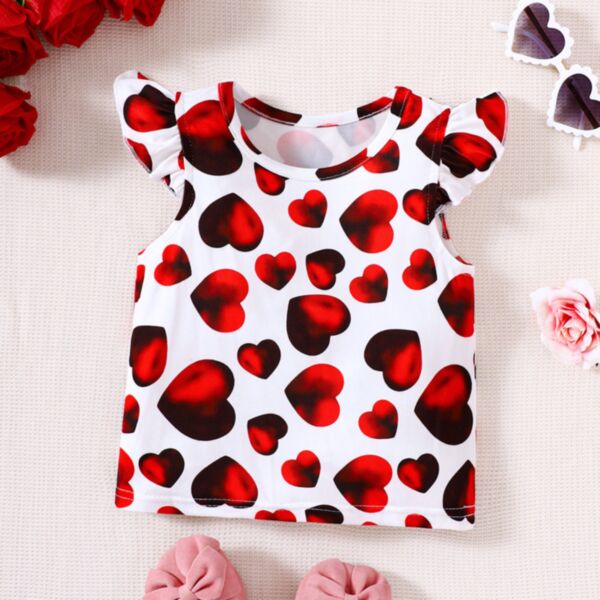 18M-6Y Heart Print Flying Sleeve Tops Wholesale Kids Boutique Clothing