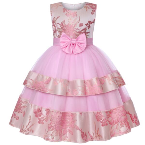 2-10Y Pink Bowknot Waistbelt Flower Embroid Mesh Double Layer Dress Wholesale Kids Boutique Clothing