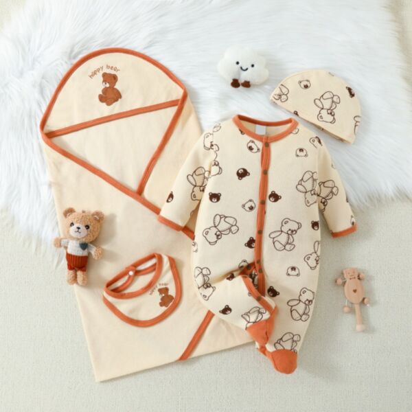 0-9M Baby 4pcs Bear Print Jumpsuits & Hats & Bibs & Sleeping Bag Wholesale Baby Clothing V3824040700274