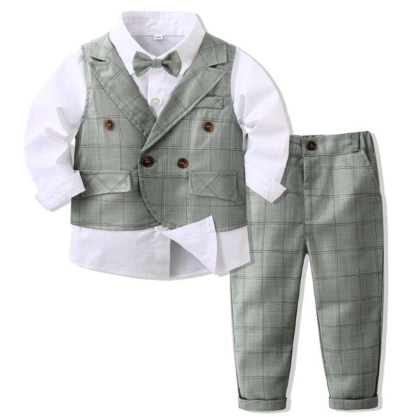 9M-4Y Toddler Boy Suit Sets Long-Sleeved Solid Color Bow Tie Lapel Top And Plaid Single-Breasted Vest And Pants Wholesale Boy Boutique Clothes V592302230000117
