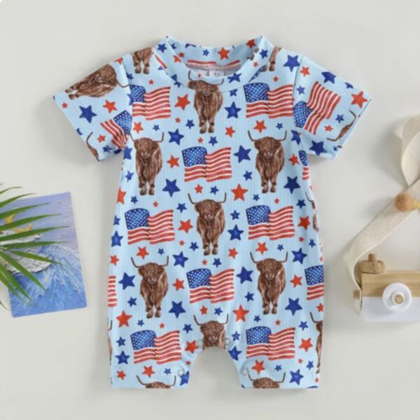 0-18M Baby Girl & Boy Independence Day Short-Sleeved Star & Cow Print Jumpsuit Wholesale Baby Clothes Suppliers V5923032300251