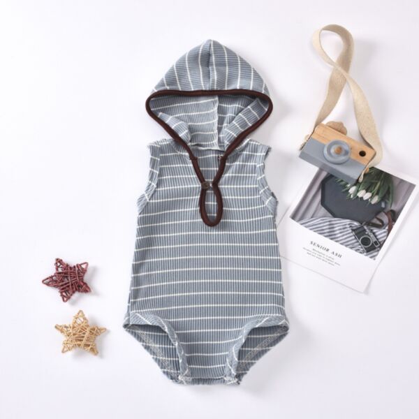 0-18M Baby Striped Ribbed Hooded Sleeveless Bodysuit Wholesale Baby Clothes In Bulk V3823022700094