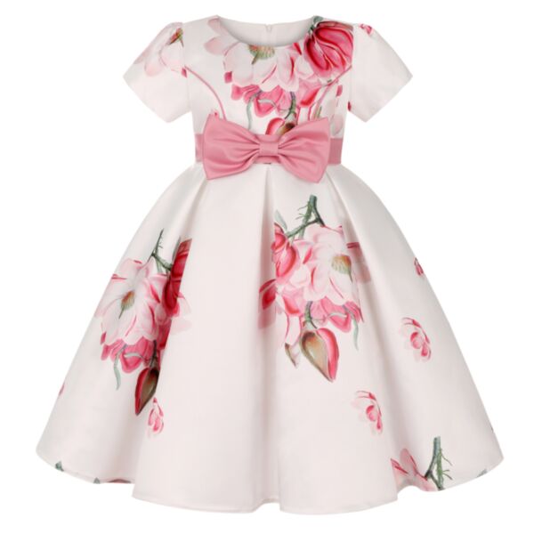 2-10Y Flower Short Sleeve Bowknit Princesses Dress Wholesale Kids Boutique Clothing