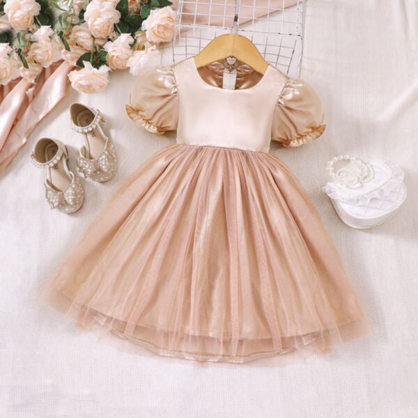 18M-6Y Solid Color Short Bubble Sleeve Glistened Mesh Princesses Dress Wholesale Kids Boutique Clothing