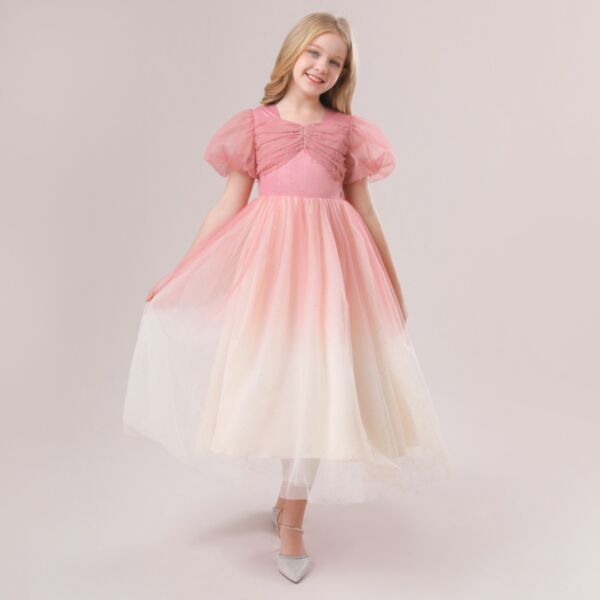 5-12Y Big Girls Puff Sleeve Kids Mesh Beaded Wedding Dress Wholesale Clothing Kidswear V3823031400078