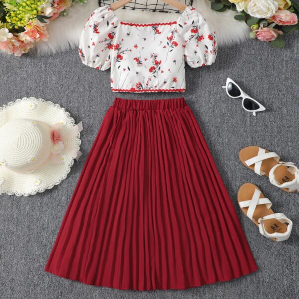 7-12Y Floral Bubble Sleeve Tops And Pleated Long Skirt Set Wholesale Kids Boutique Clothing
