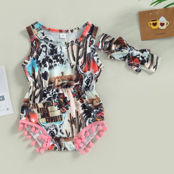 0-12M Baby Bull Head Print Hair Ball Tassel Tank Bodysuit Baby Wholesale Clothing V3823032300260