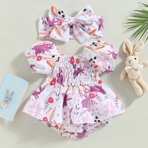0-12M Baby Girls Easter Cartoon Bunny Print Bodysuit & Headband Wholesale Baby Clothing V3823022200005